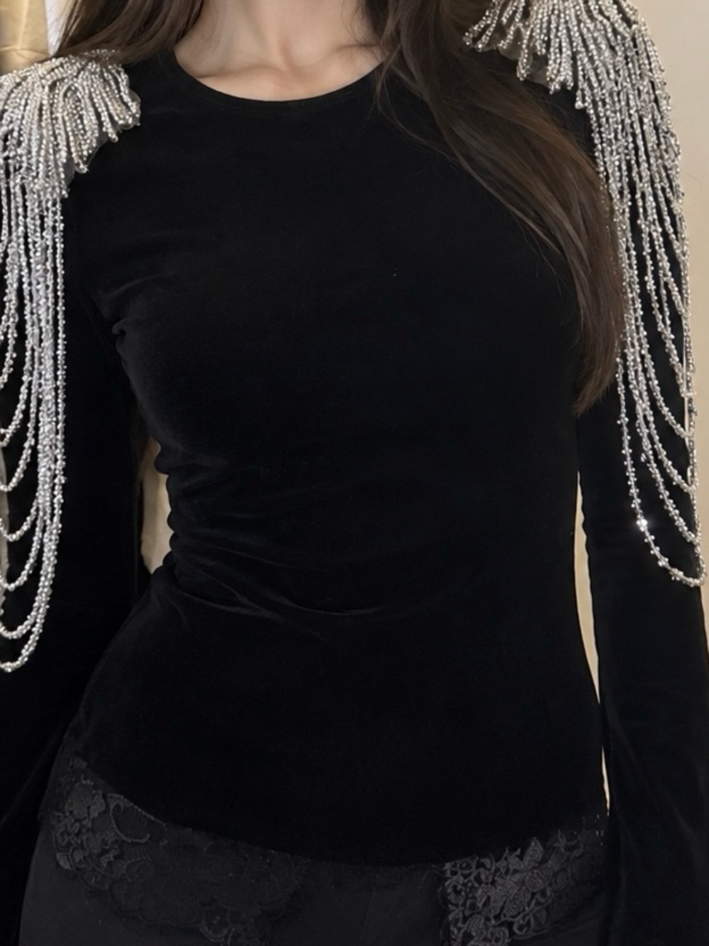 Black Velvet Long-Sleeve Top with Silver Beaded Fringe